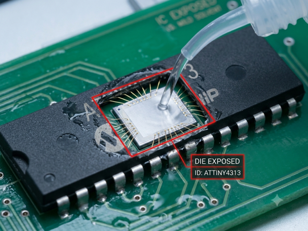 La réalisation réussie d'une opération de déverrouillage physique sur un MCU ATMEL ATTINY4313 verrouillé ou chiffré nécessite des techniques avancées de laboratoire en microélectronique afin de franchir les barrières de sécurité matérielles sans endommager la matrice de silicium interne. Pour analyser, déverrouiller, déchiffrer ou effectuer un readout de l'architecture interne d'un microprocesseur ATMEL ATTINY4313 protégé ou d'un circuit intégré, des techniques de micro-probing, de manipulation précise des signaux ou de conditionnement laser ciblé sont appliquées directement au niveau matériel. Le contournement des indicateurs de sécurité du microcontrôleur ATMEL ATTINY4313 permet aux techniciens d'effectuer en toute sécurité l'extraction du firmware caché situé dans les espaces mémoire Flash et EEPROM internes. Une fois l'accès physique obtenu, les ingénieurs peuvent copier la logique du MCU ATMEL ATTINY4313, extraire le logiciel stocké et convertir les sorties brutes des registres en un fichier binaire ou hexadécimal propre représentant le code source d'origine et la configuration du firmware.